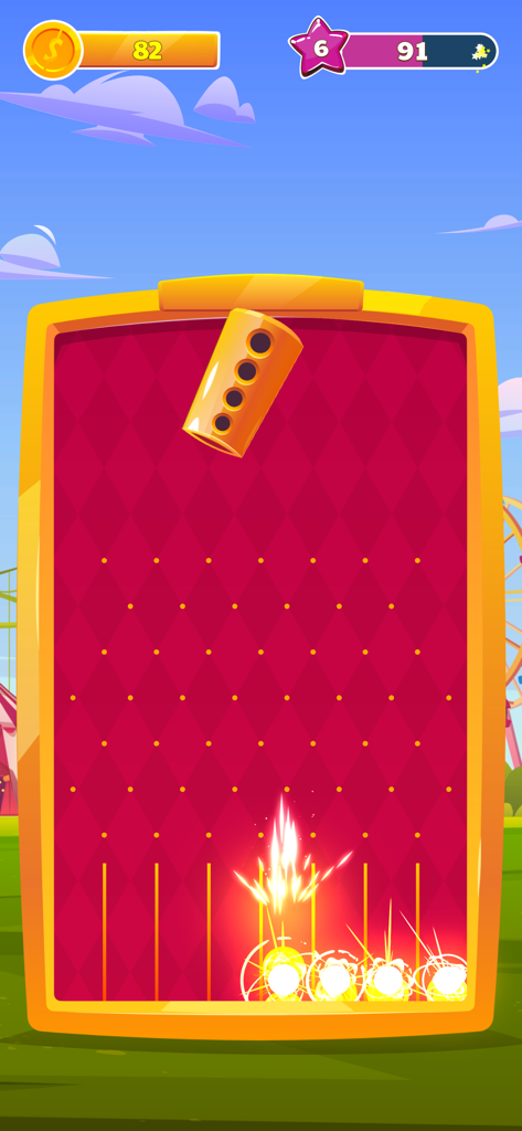 Coin Blast - Gameplay screen of Coin Blast showing a coin launcher and a red peg board with glowing rewards at the bottom