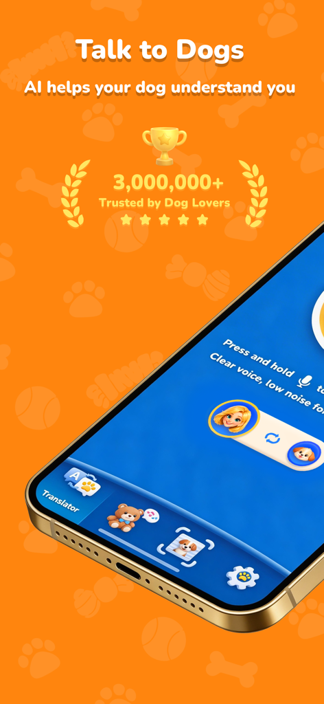 PawTok: AI Dog Translator - Smartphone screen showing PawTok app with a Talk to Dogs feature and AI translation interface.