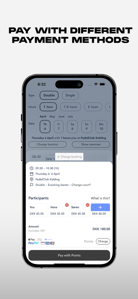 Bookli - Interface de l'application Bookli montrant comment partager les paiements de réservation de terrain entre plusieurs joueurs de padel avec diverses options de paiement