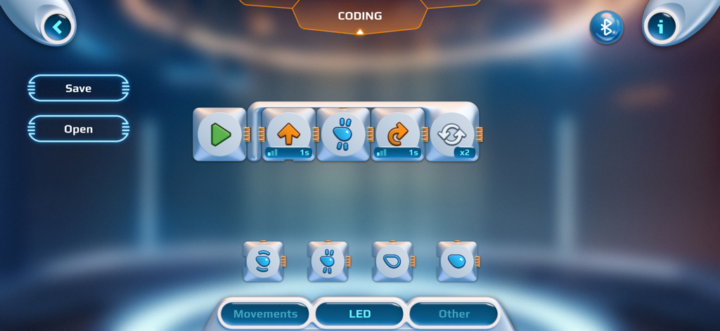 AIRO robot - Die Programmieroberfläche der AIRO Roboter App mit einer visuellen Sequenz von Befehlsblöcken für Roboterbewegungen und LED-Muster.