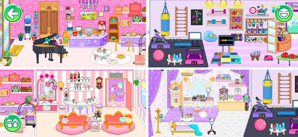 Collage aus bunten Spielzimmern in Princess Town Hospital Games, darunter ein Fitnessstudio, eine Lobby und ein Ankleidebereich.