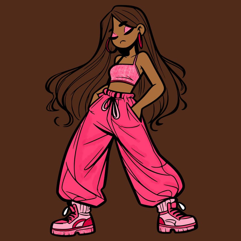 girl in baggy pants crop top and long hair