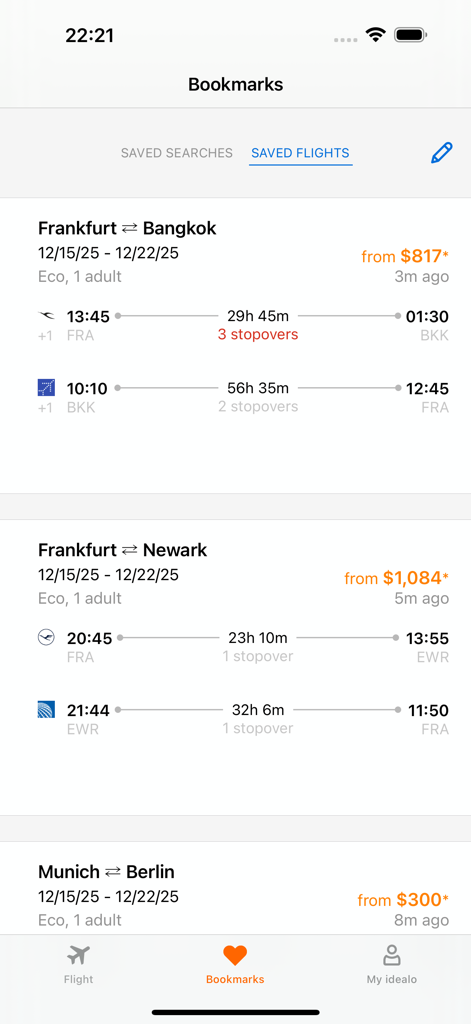 Bookmarks screen in the idealo flights app showing a list of saved flights and flight routes with prices