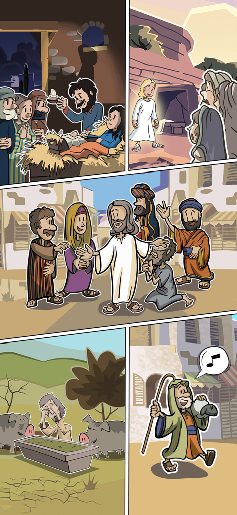 Colorful comic panels illustrating various Bible stories like the Nativity and the Resurrection for children.
