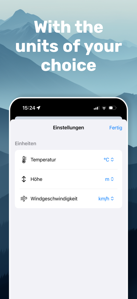 Altimeter Photo, GPS & Compass - Pantalla de configuración de la aplicación Altímetro mostrando opciones para personalizar unidades de temperatura, altura y velocidad del viento.