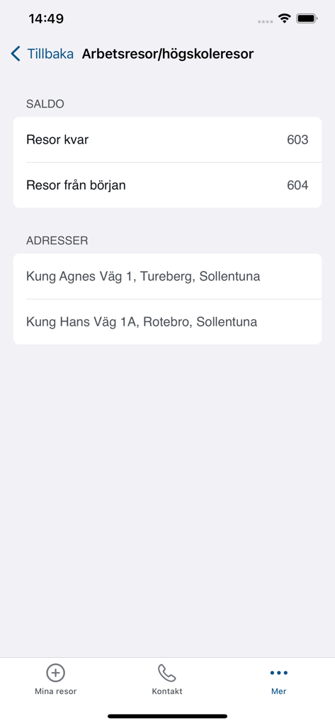 Fardtjansten Stockholm app display showing trip balance and saved addresses