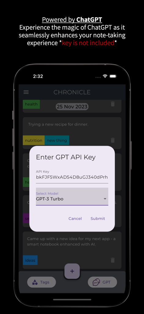 Chrono(Offline note-taking)GPT - Interface for entering a GPT API key and selecting an AI model in the Chrono note-taking app.