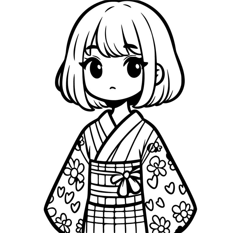 a girl with short hair with a kimono with hearts on it