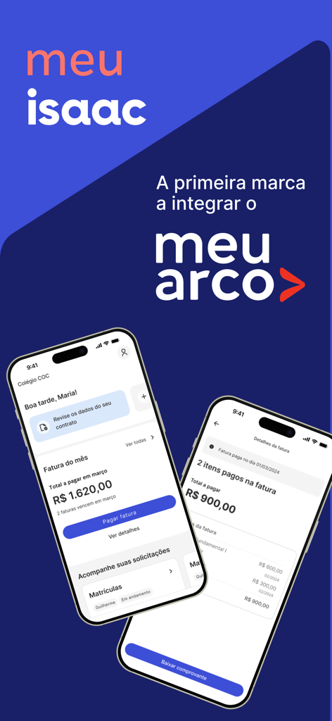 Mobile App-Bildschirme für Meu Arco, die Schulrechnungen und Zahlungsstatus zeigen