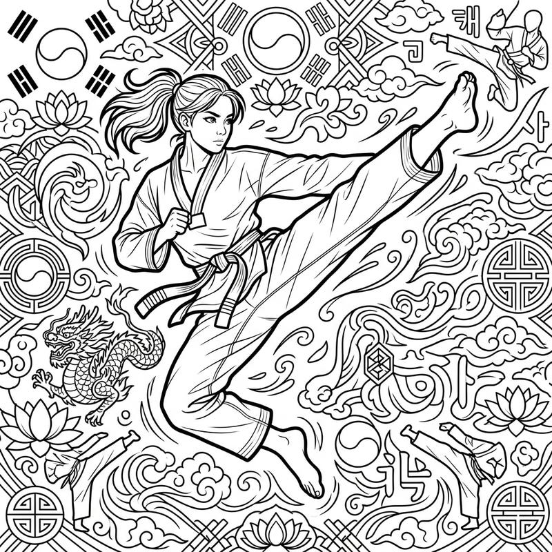 Dive into the world of martial arts with this dynamic Taekwondo practitioner coloring page. Featuring a powerful high kick amidst intricate Korean cultural patterns, it offers an engaging creative challenge.