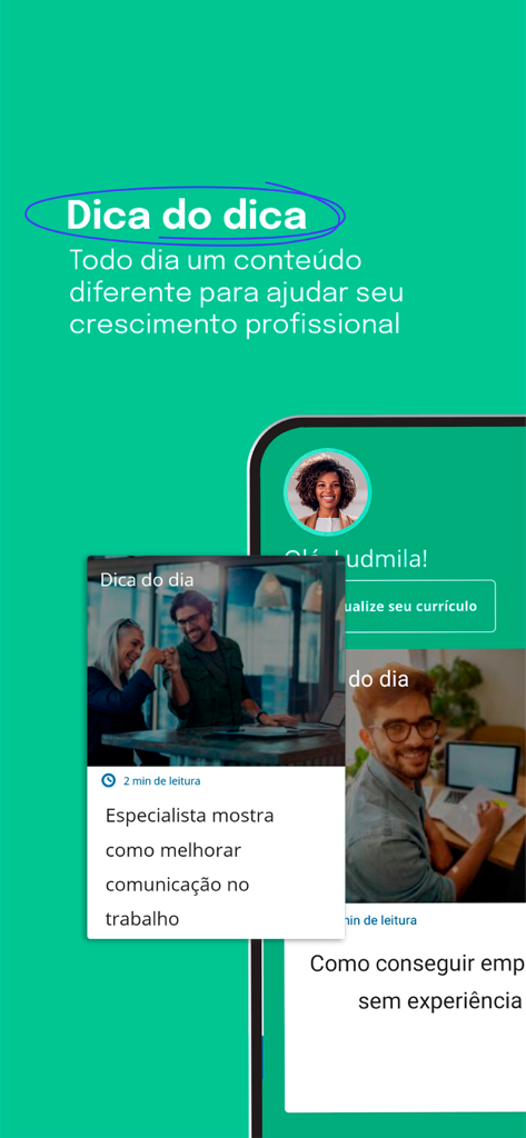Vagas de Emprego - Vagas.com - Captura de tela do app Vagas de Emprego mostrando o recurso Dica do Dia com conselhos de carreira profissional em português.