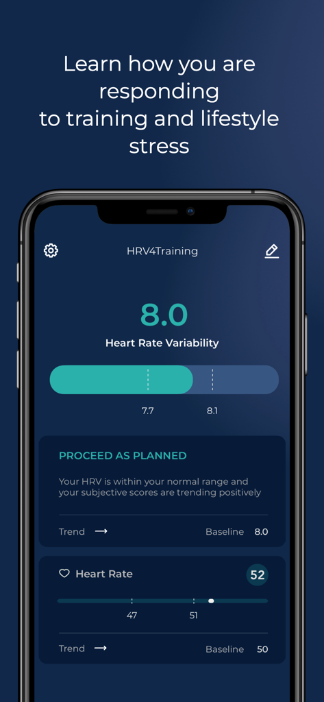 HRV4Training mobile app interface showing a heart rate variability score of 8.0 and a recommendation to proceed as planned with training