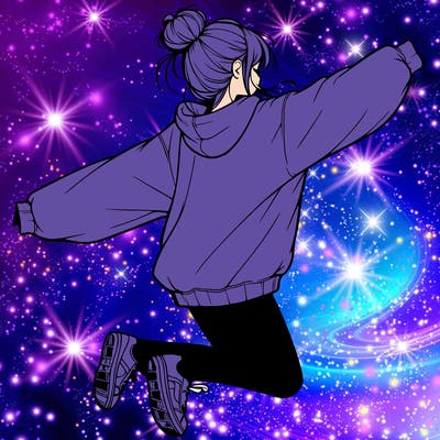 realistic girl jumping with a bun and oversized sweatshirt