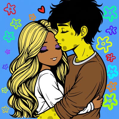 a realistic couple boy and girl hugging and kissing