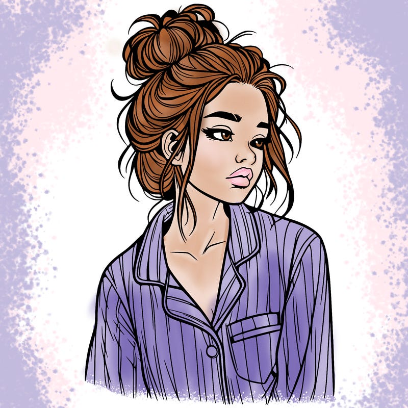 realistic woman with pajamas on and a messy bun