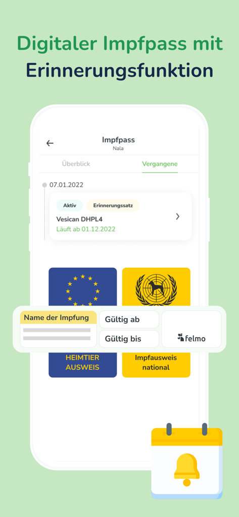 felmo Mobiler Tierarzt - リマインダー通知アイコン付きのデジタルペットワクチンパスポートを表示するfelmoアプリのモバイル画面