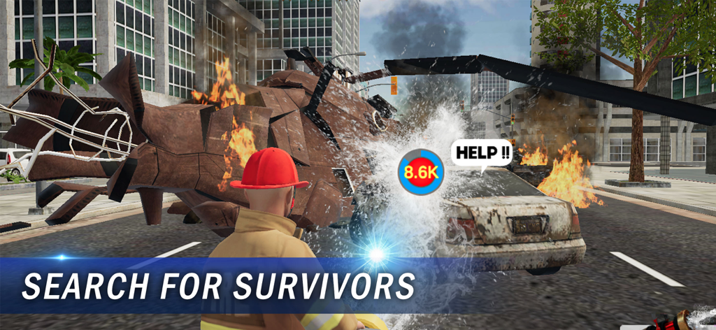 I'm Fireman - Firefighter extinguishing flames from a burning car and crashed helicopter to rescue survivors in a city street