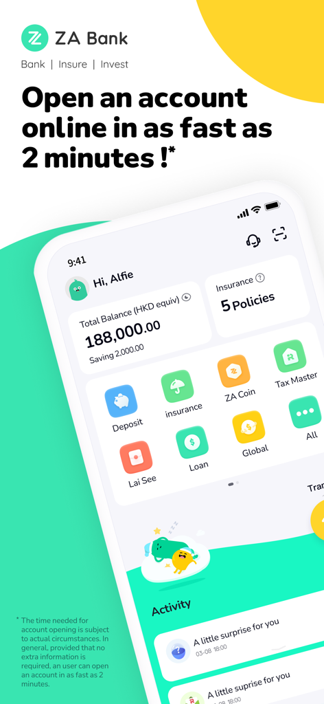 ZA Bank - ZA Bank Mobile App Benutzeroberfläche mit Kontostand und Symbolen für Finanzdienstleistungen wie Einlagensicherung und Kredite