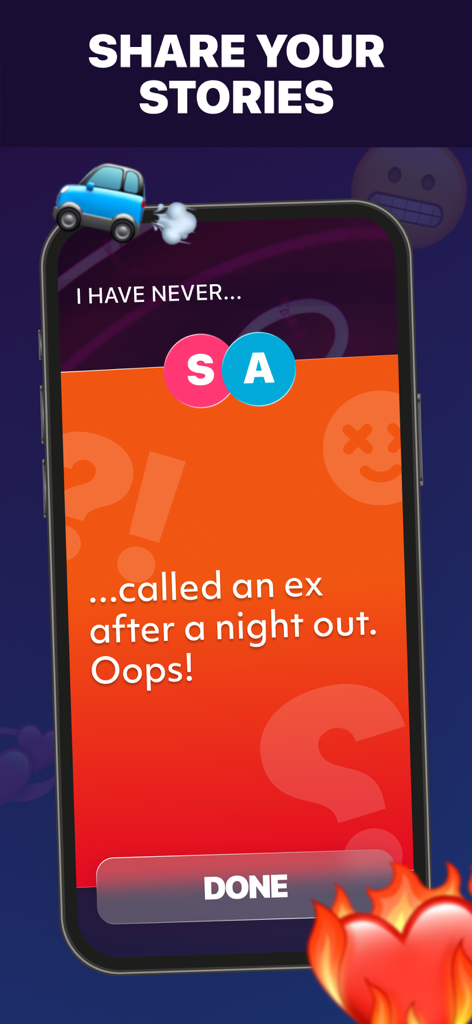 Party Up app interface showing a Never Have I Ever question about calling an ex after a night out