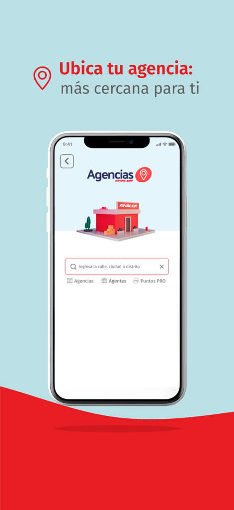 Interfaz de la aplicación SHALOM que muestra la herramienta de búsqueda para encontrar la agencia de envío más cercana en Perú