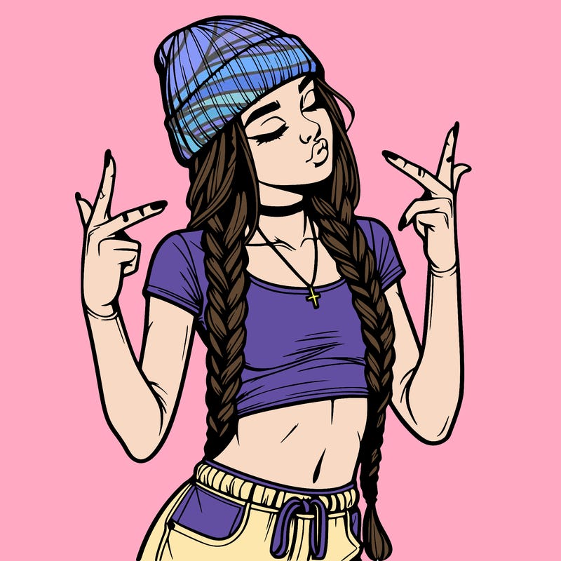 realistic teenage girl with braids and a beanie and crop top doing 🫶🏼