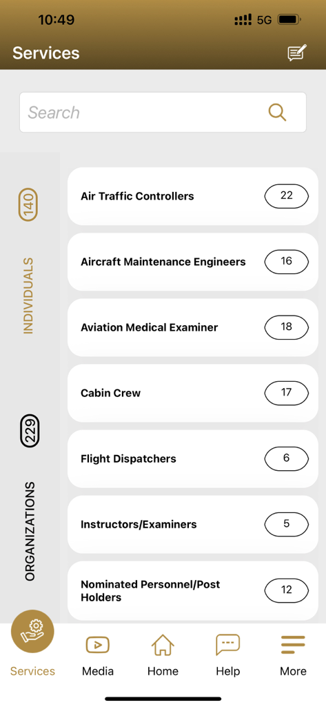 UAE GCAA - Screenshot of the UAE GCAA app showing a list of services for aviation individuals such as pilots and cabin crew