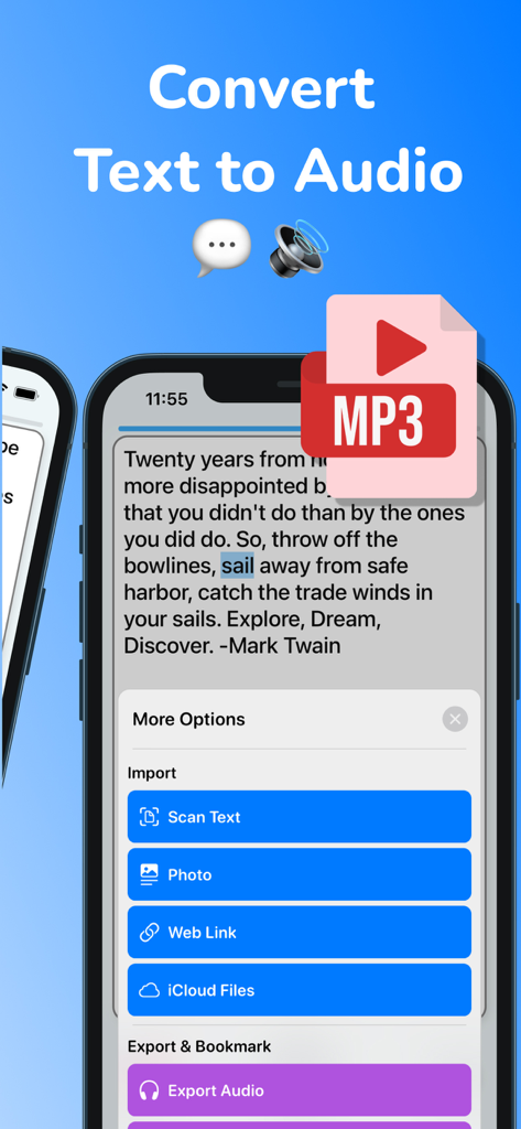 Interface do aplicativo Voice Aloud Reader mostrando a conversão de texto para áudio com opções para digitalizar texto e exportar para MP3