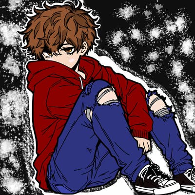 a male hoddie ripped jeans messy hair anime