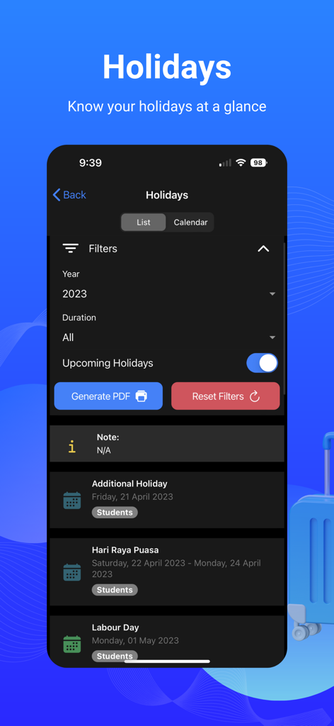 APSpace - APSpace app interface showing the university holiday schedule list with filters and upcoming dates