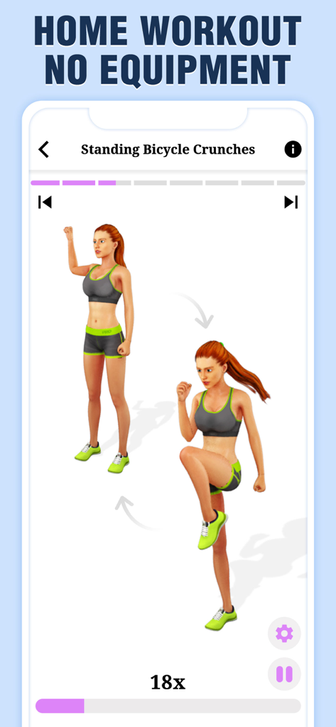 ABS Workout for Women, Fitness - Standing bicycle crunches exercise in a home workout app for women