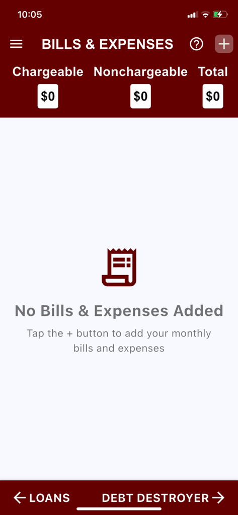Bills and expenses dashboard in the Pay Down Velocity Banking mobile app