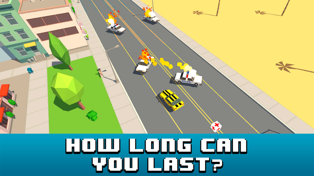 Smashy Car Race 3D: Pixel Cop Chase - Voxel style yellow car escaping multiple police cars on a highway with the text How long can you last