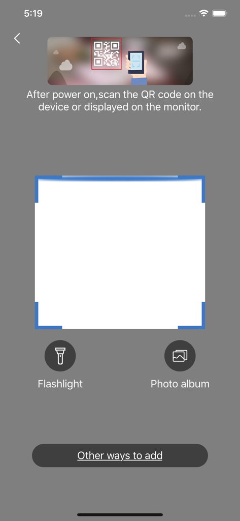 CloudEye 365 - QR code scanner interface for adding a security camera in the CloudEye 365 app