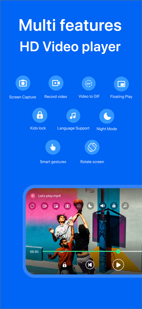 MX Player - Media Video Player - A feature overview of the MX Player app highlighting tools like video to GIF, screen capture, and floating play mode.