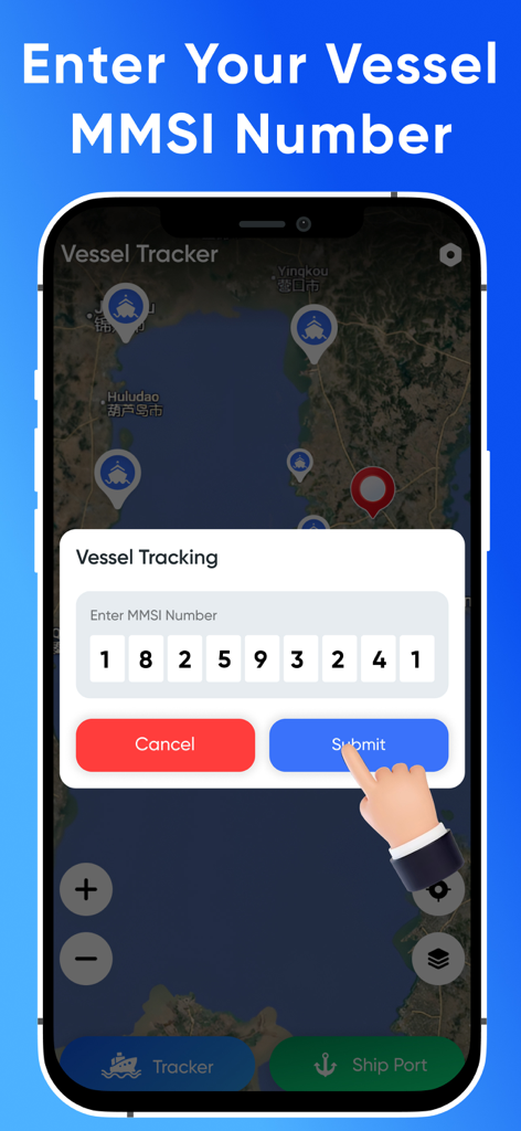 Interfaccia dell'app Ship Tracker che mostra un prompt per inserire un numero MMSI della nave su una mappa marittima
