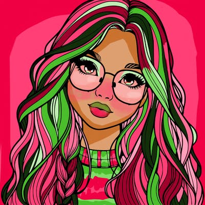 girl with long hair and freckles and glasses realistic