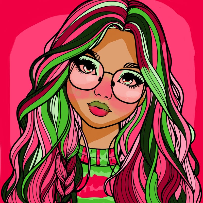 girl with long hair and freckles and glasses realistic