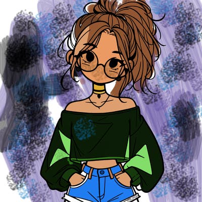 girl with a messy ponytail glasses a baggy crop top and jean shorts