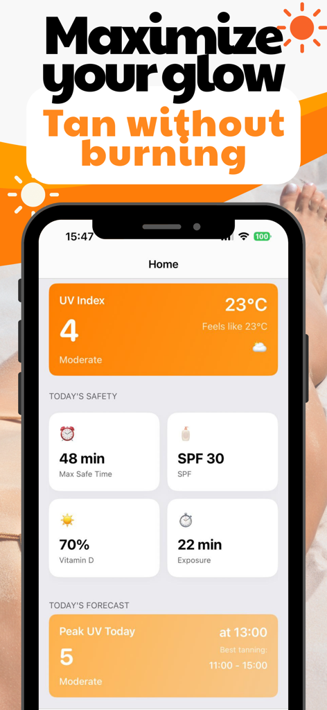 Sunglow: Safe Tanning - Interface do aplicativo Sunglow mostrando índice UV, tempo máximo seguro de bronzeamento e previsão de exposição solar diária.