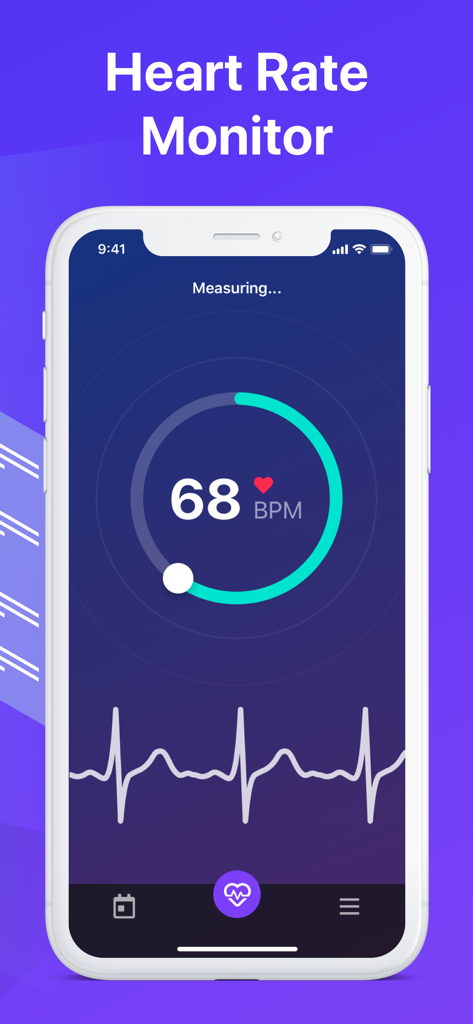 Heart Rate Monitor - Pulse App - Heart Rate Monitor app interface on an iPhone showing a real-time pulse measurement of 68 BPM with a heartbeat waveform.