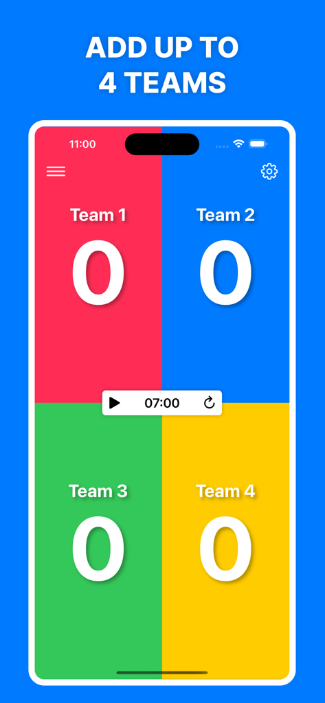 Digital scoreboard app interface showing four teams with color coded sections and a central game timer