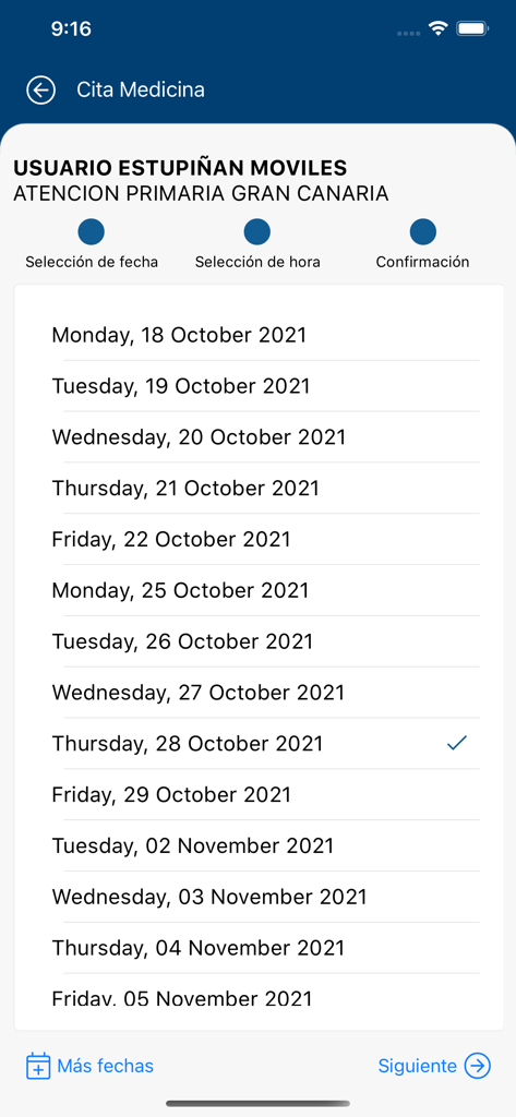 miCita previa - Screen showing available dates for a medical appointment with one date selected in the miCita previa app