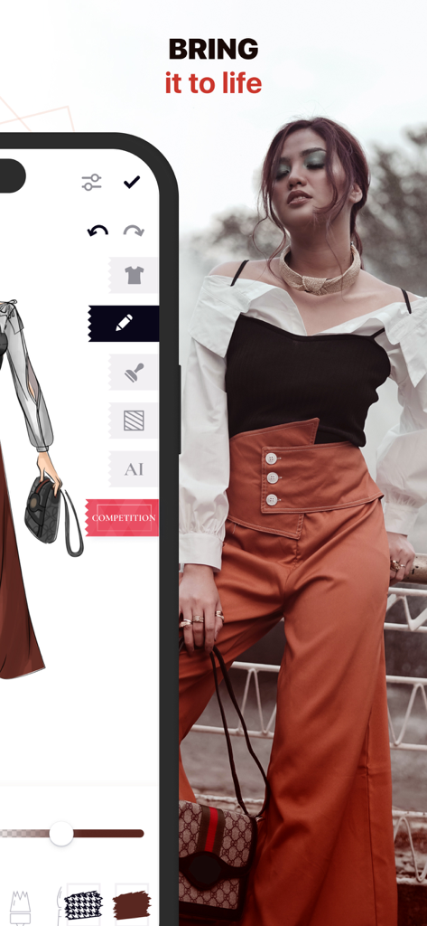 Fashion design app interface displaying a digital sketch and a real life model outfit