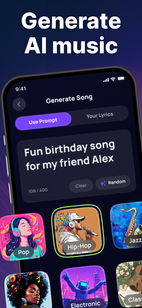 AI Song Generator. Music maker - Tela de smartphone mostrando a interface do aplicativo Gerador de Músicas com IA com um prompt de texto para uma música de aniversário e ícones de gênero musical como Pop e Hip Hop.