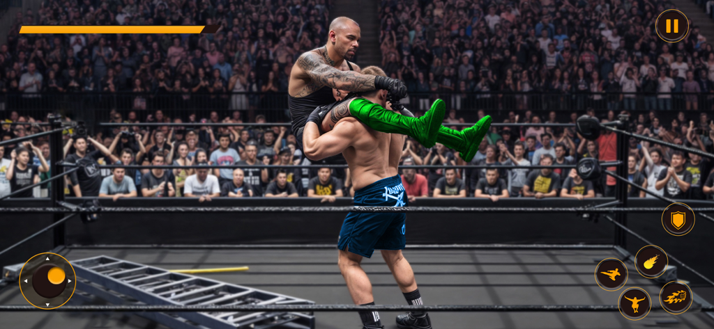 Pro Wrestling Revolution 2025 - A wrestler performing a powerful signature move in a crowded arena from Pro Wrestling Revolution 2025 gameplay.