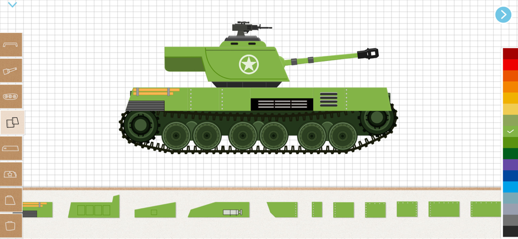 Un tanque de bloques verde siendo diseñado en el modo de construcción creativa de la aplicación Labo Tank.
