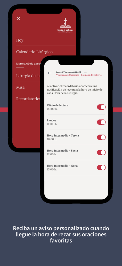Liturgia de las Horas CEA - Interface of the Liturgia de las Horas CEA app showing personalized prayer time notification settings