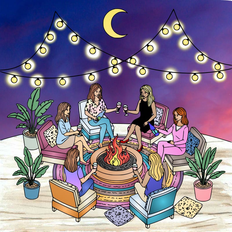5 women sitting around on a patio drinking wine around a fire pit.  include string lights, outdoor decor,  the moon