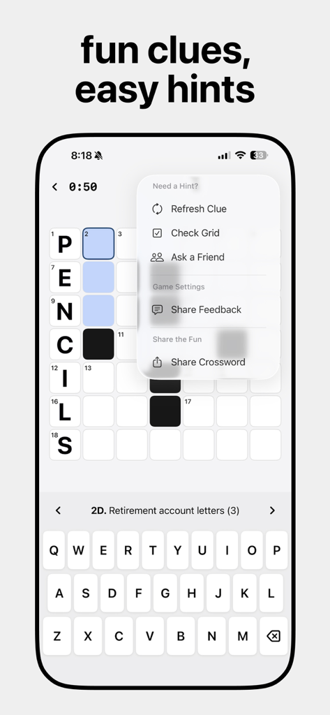 Crossword Chef - Daily Mini - Crossword Chef app interface showing a 5x5 grid and a popup menu with puzzle hint options.