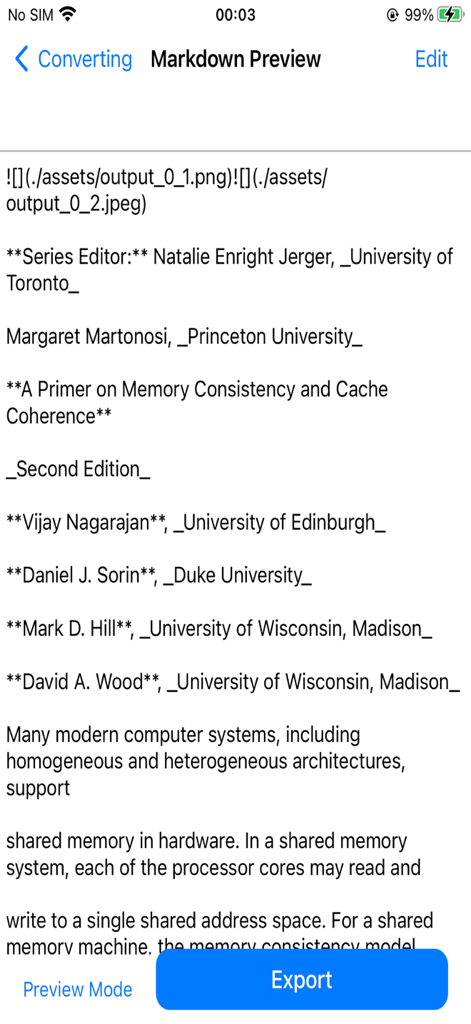 pdf2md - A preview screen of the pdf2md app showing a technical document converted into markdown format with an export button at the bottom